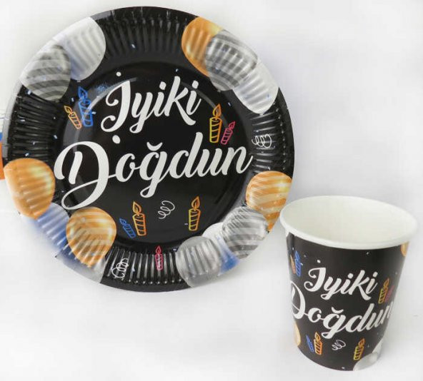 TABAK KARTON İYİKİ DOĞDUN BALONLU SİYAH 23 CM 8 ADET - Resim 2