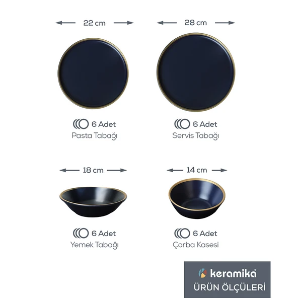 Keramika Mat Lacivert Gold Fileli Yemek Takımı 24 Parça 6 Kişilik - 2