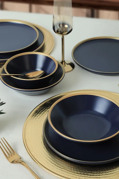 Keramika Mat Lacivert Gold Fileli Yemek Takımı 24 Parça 6 Kişilik - 2