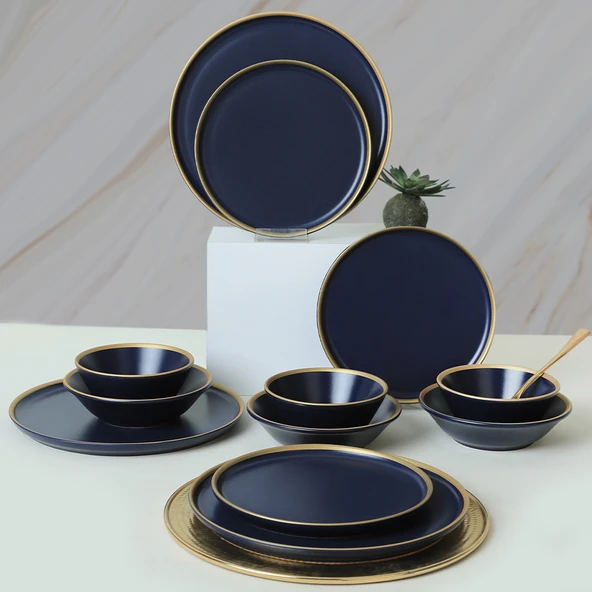Keramika Mat Lacivert Gold Fileli Yemek Takımı 24 Parça 6 Kişilik - 7