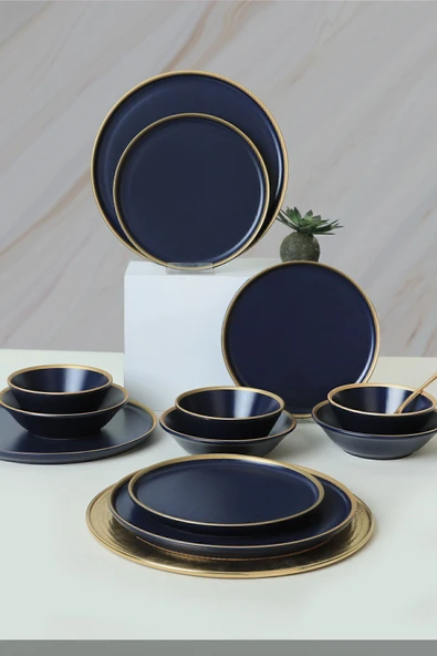 Keramika Mat Lacivert Gold Fileli Yemek Takımı 24 Parça 6 Kişilik - 6