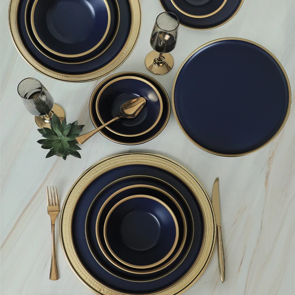 Keramika Mat Lacivert Gold Fileli Yemek Takımı 24 Parça 6 Kişilik - 4