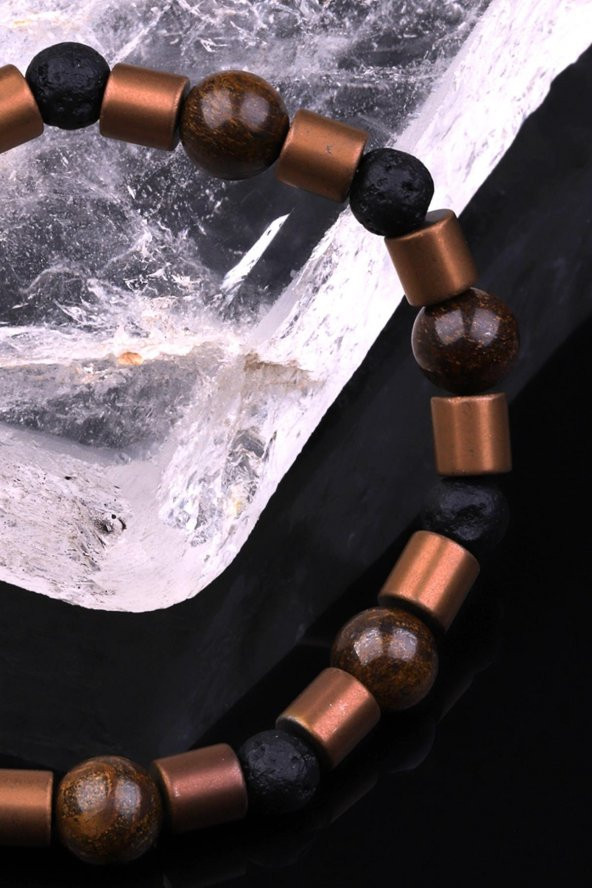 Bronzit - Hematit - Lav Doğal Taş Tasarım Bileklik - Resim 3