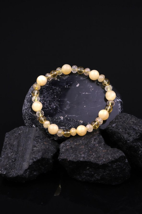 Sitrin - Golden Rutil Kuvars - Kalsit Doğal Taş Tasarım Bileklik - Resim 2