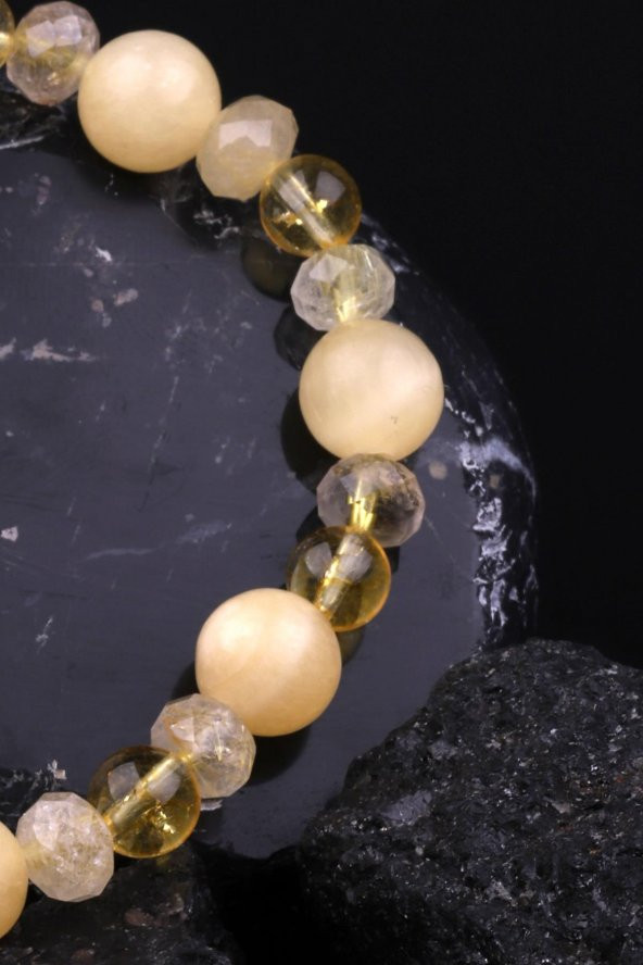 Sitrin - Golden Rutil Kuvars - Kalsit Doğal Taş Tasarım Bileklik - Resim 3