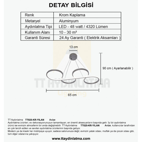TT Aydınlatma TT025-KR  Yılan Modeli Krom Kaplama Led Avize - Resim 4