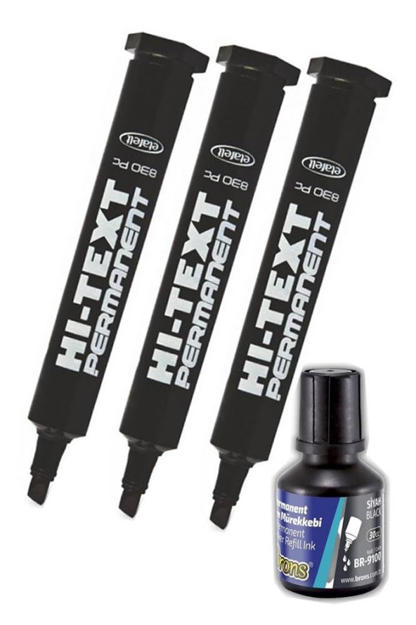 Siyah Kesik Uçlu Markör Permanent Kalem 3 Adet Hı-Text Marker Mürekkep Siyah 30 Ml 1 Adet Brons Koli Kalemi