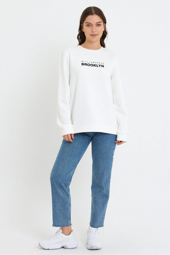 Kadın Bisiklet Yaka Rahat Kalıp 3 iplik Kalın Brooklyn Baskılı Sweatshirt SPR24sw29 - 2