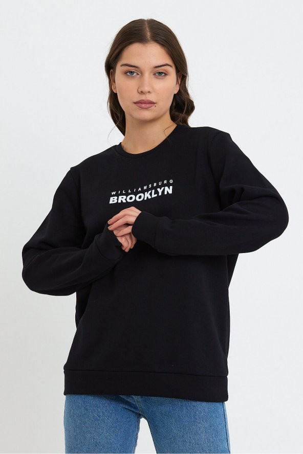 Kadın Bisiklet Yaka Rahat Kalıp 3 iplik Kalın Brooklyn Baskılı Sweatshirt SPR24sw29 - 7