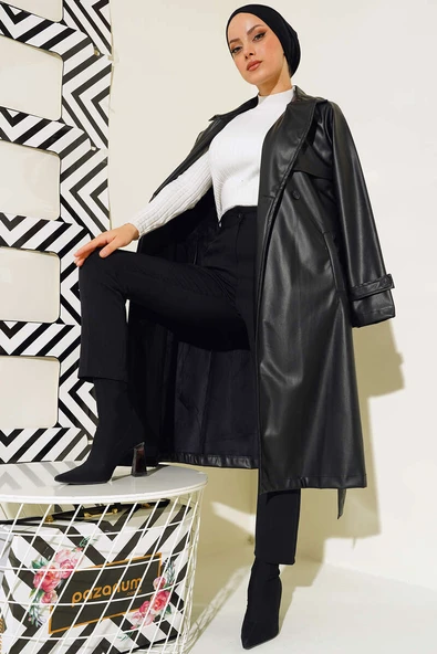 Tek Düğmeli Kuşaklı Deri Trençkot Siyah ürün görseli 1