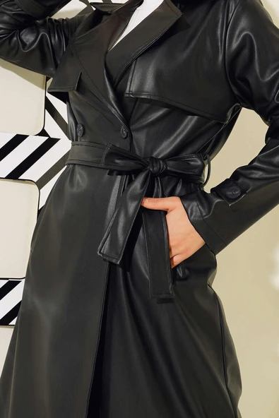 Tek Düğmeli Kuşaklı Deri Trençkot Siyah - Resim 4