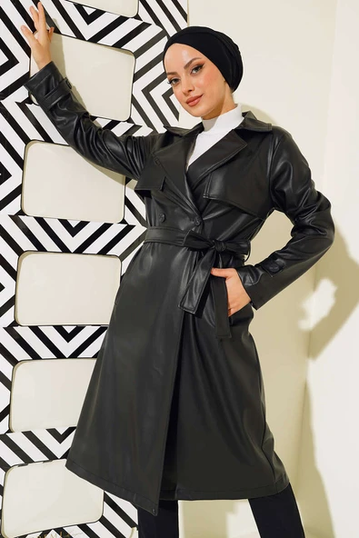 Tek Düğmeli Kuşaklı Deri Trençkot Siyah - Resim 2