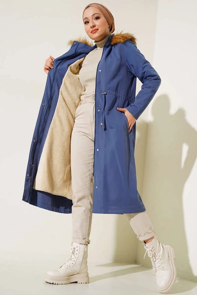 İçi Kürklü Kapüşonlu Kaban İndigo - Resim 2