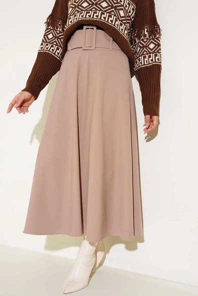 Kalın Kemerli Kloş Etek Vizon - Resim 4