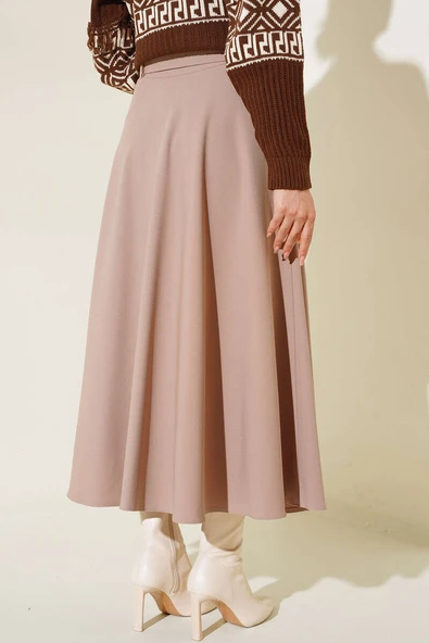 Kalın Kemerli Kloş Etek Vizon - Resim 3