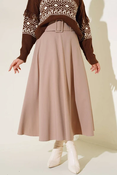 Kalın Kemerli Kloş Etek Vizon ürün görseli 1