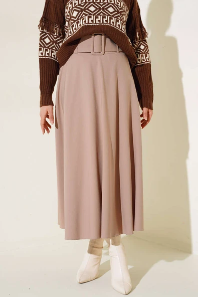 Kalın Kemerli Kloş Etek Vizon - Resim 2