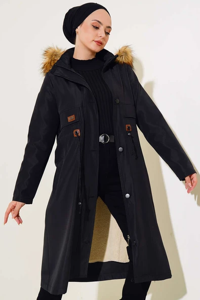 Beli Bağcıklı Kapüşonlu İçi Kürklü Kaban Siyah - 2