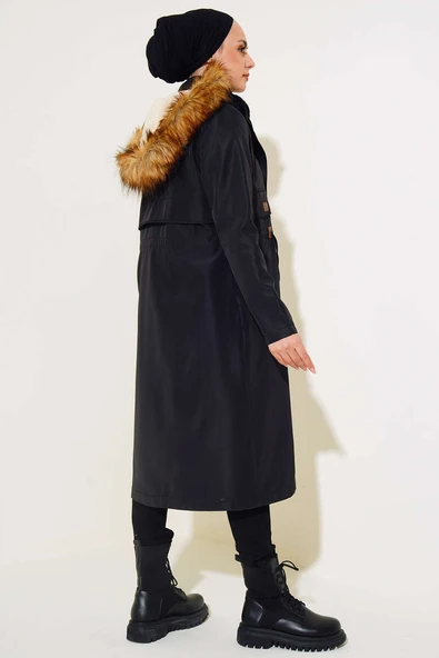 Beli Bağcıklı Kapüşonlu İçi Kürklü Kaban Siyah - 3