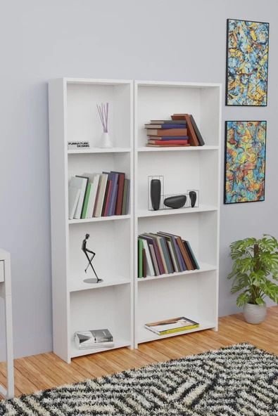 5 Raflı Kitaplık Seti Arkalıklı 1 Dar 1 Geniş Raf Kütüphane 170 cm Beyaz - 3