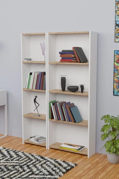 5 Raflı Kitaplık Seti Arkalıklı 1 Dar 1 Geniş Raf Kütüphane 170 cm Beyaz - Atlantik Çam