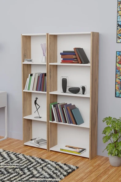5 Raflı Kitaplık Seti Arkalıklı 1 Dar 1 Geniş Raf Kütüphane 170 cm Atlantik Çam - Beyaz