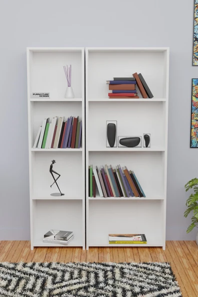 5 Raflı Kitaplık Seti Arkalıklı 1 Dar 1 Geniş Raf Kütüphane 170 cm Beyaz - 2