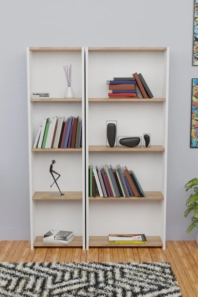 5 Raflı Kitaplık Seti Arkalıklı 1 Dar 1 Geniş Raf Kütüphane 170 cm Beyaz - Atlantik Çam - 2