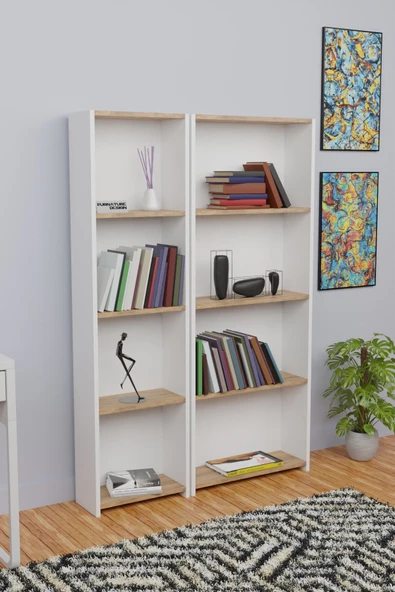 5 Raflı Kitaplık Seti Arkalıklı 1 Dar 1 Geniş Raf Kütüphane 170 cm Beyaz - Atlantik Çam - 3