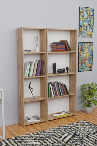 5 Raflı Kitaplık Seti Arkalıklı 1 Dar 1 Geniş Raf Kütüphane 170 cm Atlantik Çam - 3