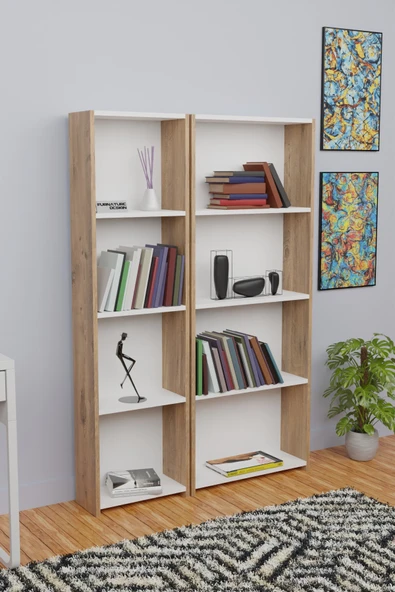 5 Raflı Kitaplık Seti Arkalıklı 1 Dar 1 Geniş Raf Kütüphane 170 cm Atlantik Çam - Beyaz - 3