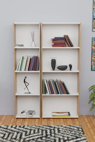 5 Raflı Kitaplık Seti Arkalıklı 1 Dar 1 Geniş Raf Kütüphane 170 cm Atlantik Çam - Beyaz - 2