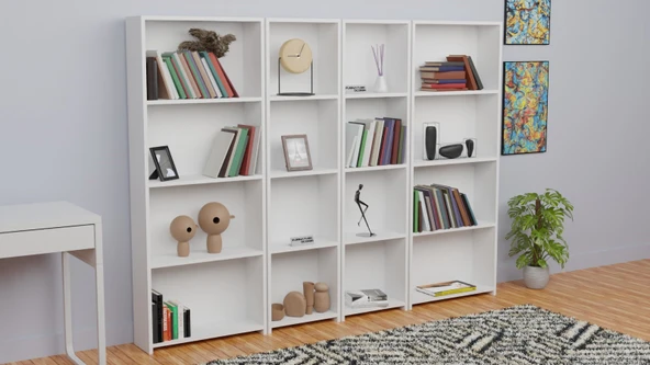 5 Raflı Kitaplık Seti Arkalıklı 2 Dar 2 Geniş Raf Kütüphane 170 cm Beyaz - 3