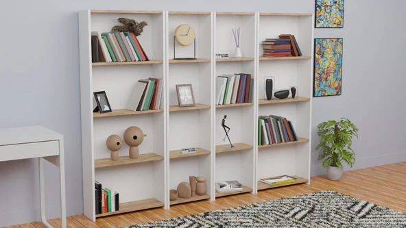 5 Raflı Kitaplık Seti Arkalıklı 2 Dar 2 Geniş Raf Kütüphane 170 cm Beyaz - Atlantik Çam - 3