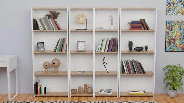5 Raflı Kitaplık Seti Arkalıklı 2 Dar 2 Geniş Raf Kütüphane 170 cm Beyaz - Atlantik Çam - 2