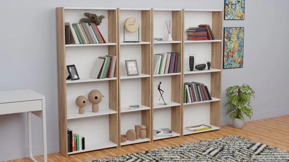 5 Raflı Kitaplık Seti Arkalıklı 2 Dar 2 Geniş Raf Kütüphane 170 cm Atlantik Çam - Beyaz - 3