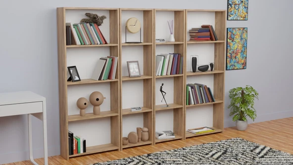 5 Raflı Kitaplık Seti Arkalıklı 2 Dar 2 Geniş Raf Kütüphane 170 cm Atlantik Çam - 3