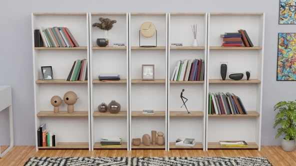 5 Raflı Kitaplık Seti Arkalıklı 3 Dar 2 Geniş Raf Kütüphane 170 cm Beyaz - Atlantik Çam - 2