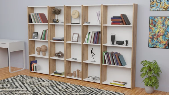 5 Raflı Kitaplık Seti Arkalıklı 3 Dar 2 Geniş Raf Kütüphane 170 cm Atlantik Çam - Beyaz