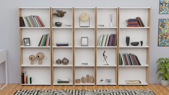 5 Raflı Kitaplık Seti Arkalıklı 3 Dar 2 Geniş Raf Kütüphane 170 cm Atlantik Çam - Beyaz - 2