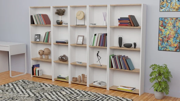 5 Raflı Kitaplık Seti Arkalıklı 3 Dar 2 Geniş Raf Kütüphane 170 cm Beyaz - Atlantik Çam