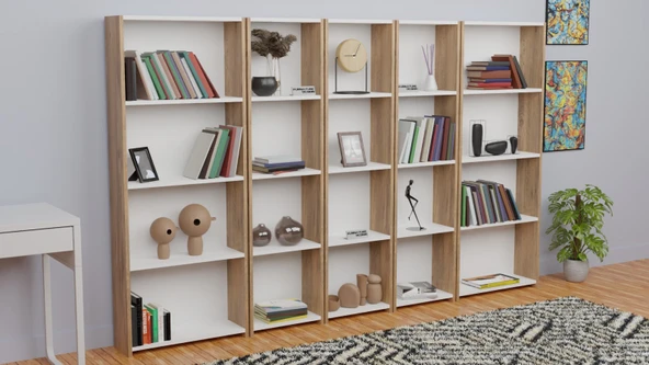 5 Raflı Kitaplık Seti Arkalıklı 3 Dar 2 Geniş Raf Kütüphane 170 cm Atlantik Çam - Beyaz - 3