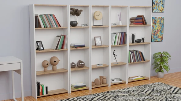 5 Raflı Kitaplık Seti Arkalıklı 3 Dar 2 Geniş Raf Kütüphane 170 cm Beyaz - Atlantik Çam - 3