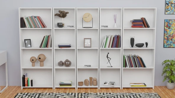 5 Raflı Kitaplık Seti Arkalıklı 3 Dar 2 Geniş Raf Kütüphane 170 cm Beyaz - 2