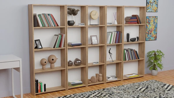 5 Raflı Kitaplık Seti Arkalıklı 3 Dar 2 Geniş Raf Kütüphane 170 cm Atlantik Çam - 3