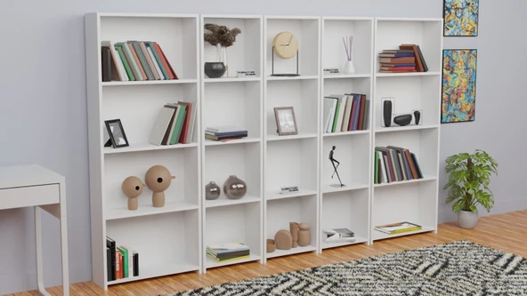 5 Raflı Kitaplık Seti Arkalıklı 3 Dar 2 Geniş Raf Kütüphane 170 cm Beyaz - 3