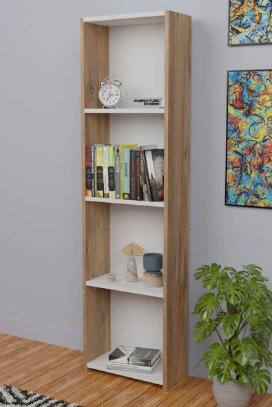 5 Raflı Kitaplık Arkalıklı Dar Raf Kütüphane 170 cm Atlantik Çam - Beyaz