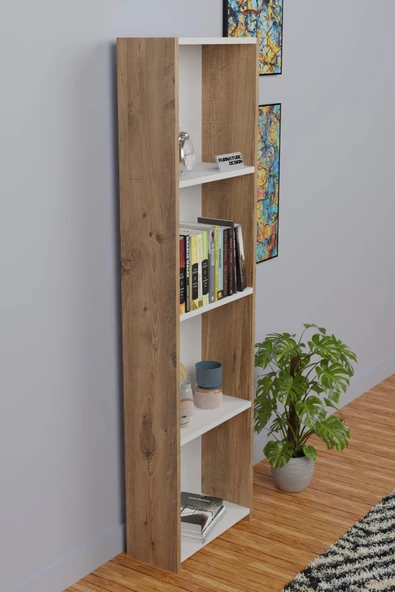 5 Raflı Kitaplık Arkalıklı Dar Raf Kütüphane 170 cm Atlantik Çam - Beyaz - 3