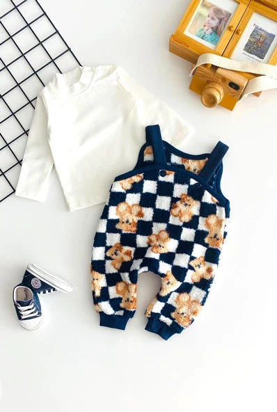 Neşeli Bebekler Liverpool Ayıcık Desen Welsoft Kumaş Salopet Takım Lacivert - Resim 2