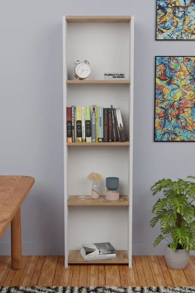 5 Raflı Kitaplık Arkalıklı Dar Raf Kütüphane 170 cm Beyaz - Atlantik Çam - 2